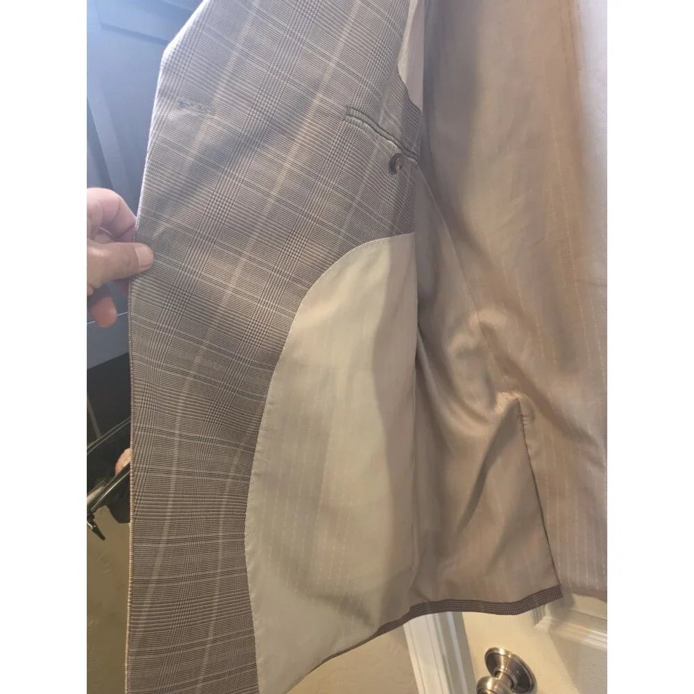 Stacy Adams Double Breasted Sport Coat Mens 44R Tan Plaid Peak Lapel Blazer